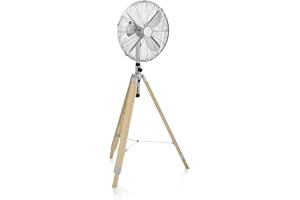 Tristar VE-5804 Ventilador metálico de pie con trípode de madera, 40 cm, 3 ajustes de velocidad, oscilante, ángulo ajustable 10°, motor de cobre, elemento decorativo, altura ajustable 90-130 cm, 50 W