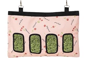 GIEEU Torba na karmnik na siano dla królika, torba na automatyczne podajniki, worek na siano świnki morskiej z 4 otworami, wiszące siano do karmienia małych zwierząt domowych, różowa