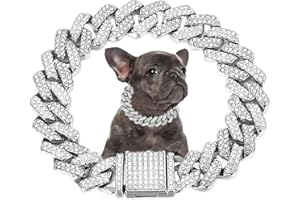 HOTLION Silver Dog Chain, Diamond Cuba Link Dog Collar Metal Dog Necklace Cat Chains Pet Crystal Collars Jewelry for Small Medium Large Dogs Cats, 16-inch
