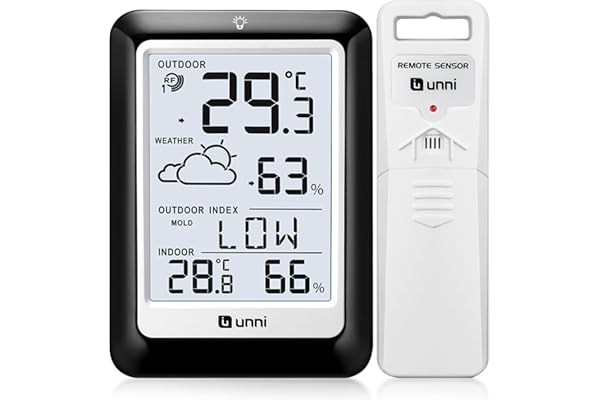 Estación meteorológica inalámbrica con sensor exterior, funciona con pilas, previsión meteorológica inalámbrica 100 M/330 FT, °C/°F, 2 niveles de brillo (índice de calor y moho de rocío), color negro