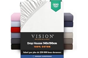 VISION - Drap Housse 140 x 190 cm - Coloris: Blanc - 100% Coton: 57 Fils - 4 Coins élastiques