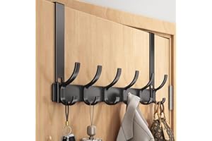 CeruleTree Heavy Duty Over Door Hook, Aluminum Rust-Proof Over Door Hanger with 6 Hooks for Coats, Towels, Keys and Bag Storage, No Drilling, Space Saving for Bathroom, Bedroom, Wardrobe (Black)