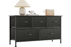 CAIYUN Chest of Drawers,Dresser for Bedroom with 5 Drawers,Fabric Dresser with Wood Top and Large Storage Space, Easy to Assemble, for Bedroom, Living room, Black