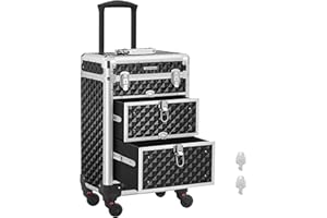 SONGMICS Kosmetikkoffer Trolley, Schminkkoffer 2 Schubladen, Friseurkoffer groß, Make-up Koffer, 34 x 24 x 56 cm, Rollen 360° drehbar, Reisen, Friseure, Geschenkidee, schwarz JHZ08BK