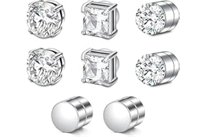 Omlalayi 4 Pares Pendientes Hombre Diamante,Pendientes sin Agujero,Aretes para Hombre,Pendientes de Iman,Pendientes Iman,No Perforantes Pendientes para Hombres Mujeres Tono Plateado