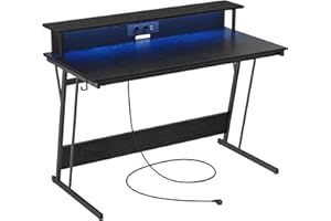 VASAGLE Scrivania da Gaming con Luci LED e Prese di Corrente, Scrivania da Computer, Supporto per Monitor, Tavolo per 2 Monitor, Ufficio, Camera da Letto, 60 x 120 x 76 cm, Nero Ebano LWD192B56
