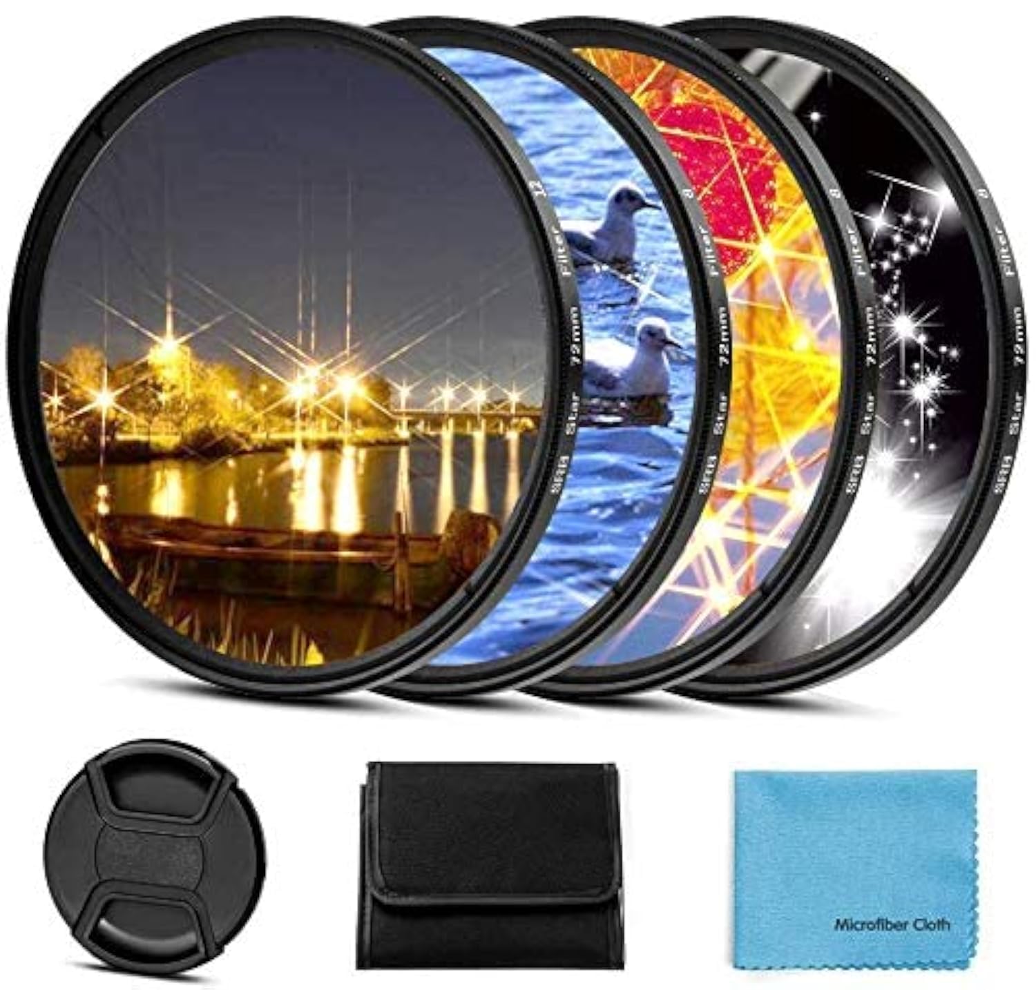 49mm Star Filter 4 Pieces Starburst Lens Filter(4 Points,6 Points,8 Points,12 Points) with Centre Pinch Lens Cap for Canon Nikon Sony Olympus Pentax and Other DSLR Cameras + 4 Slot Filter Pouch