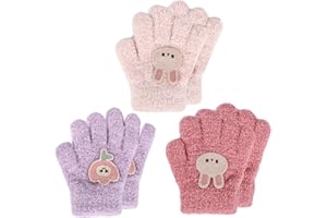 Fadcaer 3 Pairs Kids Gloves, Winter Warm Gloves for Boys Girls, Kids Knitted Gloves, Stretchy Soft Full Finger Gloves, Plush Solid Color Gloves Suitable for Age 1-3 Years Old