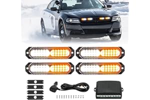 JMEST LEAD 4PCS 12 LED White & Amber Strobe Warning Lights with Main Control Box, Surface Mount LED Grille Lights Bar For Trucks, Cars & Vehicles