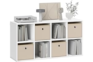 HOMCOM Estantería de 8 Cubos, Librería, Estantería para Libros con 4 Cajones de Tela, Horizontal o Vertical, para Salón, Dormitorio, Estudio, 105,9x30x53,7 cm, Blanco y Beige