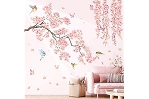 DECOWALL SG3-2320 Stickers muraux branches de fleurs cerisier oiseaux papillons chambre mural salon cerisier décoration autocollant arbre rose enfants