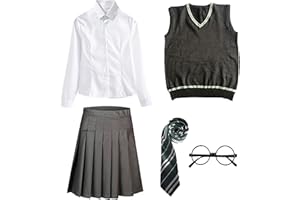 FStory&Winyee Zauberer Set Bluse Rock Weste Krawatte Brille Kostüm Zubehör für Kinder Erwachsene Zubehör Set Striped Tie Gestreifte Krawatte zum Karneval Fasching Halloween,2 Weiblich-grün,L