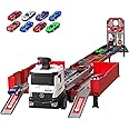 AM ANNA Carrier Truck Race Track Toddlers Toys, Foldable 3 Layer Car Race Track Playset, Toy Truck Transport Race Track and 8 Die-Cast Metal Toy Cars, Racing Car with Sound Toddler Toys Gifts(Red)