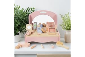 ‎WOODENFUN WOODENFUN Rosa Mädchen Holz Desktop Schminktisch, Faltbarer Schminktisch, ausgestattet mit 14-Make-up Zubehör