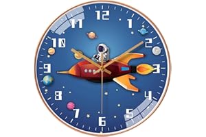 EXQULEG Kinderwanduhr Lautlose, Wanduhr Kinder Weltraum Astronauten, Wanduhr für Junge und Mädchen, Kinderzimmer Klassenzimmer (3063,8 Zoll/20cm)