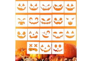 LOCOLO 18 Pieces Halloween Stencils 5.3 x 5.3 Inch, Assorted Pumpkin Stencils for Carving Halloween Pumpkin Smiley Face Drawing Templates Stencils for Painting on Wood Wall