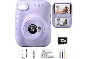 Appareil Photo Enfant Instantané,Hangrui 3,0 Pouces Écran 1080P Appareil Photo Numérique Enfant avec 32GB Carte & Papier d'impression, Stylos Colorés, Cadeau Jouet Filles Garçons de 3 à 12 Ans-Violet