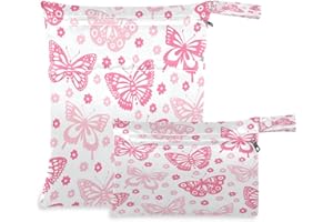 JUMBEAR Pink Butterfly Wet Dry Bags Sets Waterproof Reusable Travel Beach Baby Cloth Diaper Wet Dry Bags Organizer with Two Zippered Pockets for Swimsuit and Gym 2PCS