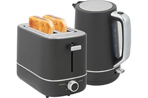 ‎HOMCOM HOMCOM Wasserkocher Toaster Set 2200 W 1,7L Wasserkocher, 2 Scheiben Toaster, 6 Bräunungsstufen, Aufwärmen und Auftauen, Frühstück-Set mit Kalkfilter & Krümelfach, UK Otter Thermostat Grau