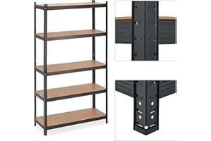 Relaxdays Heavy Duty Shelving Unit, 5 Levels, H x W x D: 180 x 100 x 30 cm, 1250 kg max Load, Metal, MDF, Black, Steel