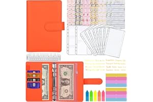 Carpeta de Presupuesto A6, MARICATO 29Piezas Carpeta de Cuaderno 6 Anillas de PU, con Bolsas de Transparente con Cremallera, Hojas de Presupuesto, Pegatinas, Indice de Clasificación,Regla-Naranja