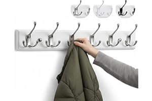 LARHN White Coat Hooks - Wall-Mounted Coat Rack - 6 Triple Matt-Nickel Coat Hooks for Wall - 59 cm - All Fixings Included for Quick & Easy Installation