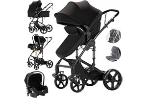 MoLi Passeggino Trio, Passeggino 3 in 1 con Doppia Modalità Push Reversibile, Trio Passeggino Neonati con Grande Navicella, Carrozzina per Neonati in Alluminio Pieghevole (588 Black New)