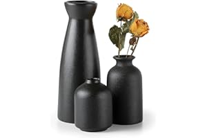 Sawoake Schwarz Keramik Vasen 3er-Set Kleine Blumenvasen für Dekor, Moderne rustikale Bauernhaus Home Decor, Dekorative Vasen für Pampas Grass Idee Regal (Schwarz)