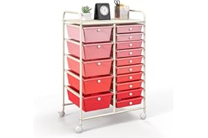 GIANTEX Rollwagen mit 15 Schubladen stapelbar, Schubladenwagen Badrollwagen Küchenwagen mit feststellbaren Rollen, Aufbewahrungswagen Haushaltswagen für Küche Bad Büro 63x37x87 cm (Rosa)