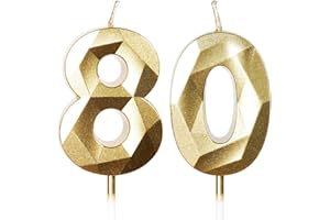 Yiran Candele di compleanno, Candele con numeri da 5cm, Candela numero 80, Candele in oro, Candele di compleanno per torta, Candele per torte, decorazioni per feste (Numero 80)