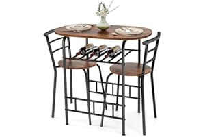 GIANTEX Juego de Comedor de 3 Piezas, 1 Mesa Ovalada Pequeña y 2 Sillas con Respaldo, con Botellero, Tablero de Mesa con Ventas de Madera, Marco de Metal, Ahorro Espacio (Marrón Rústico)