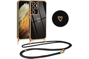 Vauki Funda con Cuerda para Samsung Galaxy S21 Ultra 5G, Patrón de Corazón TPU Carcasa, con Colgante Collar Correa para el Cuello Cadena Cuerda, AntiChoque Suave Silicona Cover, Negro