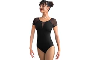 DANSHOW Women Dance Leotard Short Sleeve Mesh Ballet，Built-in Chest Pads Pockets And Roud Back Black Bodysuit