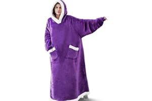 IvyH Koc z kapturem, długi koc do noszenia z kieszeniami, puszysty flanelowy koc Sherpa, koc telewizyjny, bluza zimowa, szlafrok, jeden rozmiar, pasuje do mężczyzn i kobiet dorosłych
