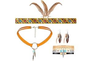Otuuz 4 Vintage Indian Boho Accessori di Carnevale 1 Fascia Indiana con Piume 1 Orecchino con Piume 1 Collana Girocollo Boho 1 Braccialetto in Pelle per Hippie Tribale Tema Festa Donne