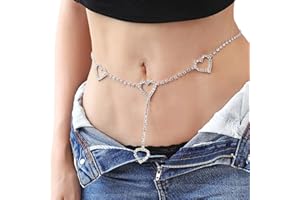 Carufin Crystal Waist Chain Silver Heart Body Chain Belly Chains Belt Summer Beach Costume Jewelry Adjustable for Women and Girls