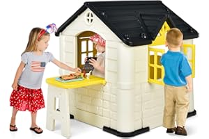 COSTWAY Kids Playhouse, Outdoor Cottage Pretend Play Center with Picnic Table, Food Toy Set, Working Doors & Windows, Indoor Playground Set for 3-8 Years Old (Yellow)