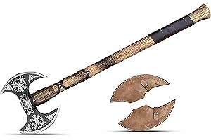 NovaHaven Handgefertigte Dekorative Axt – Klinge aus Kohlenstoffstahl mit Eschenholzgriff – Verschiedene Klingendesigns mit Ledergriff – Inkl. Schutzhülle – 4 Varianten (Dual Blade)