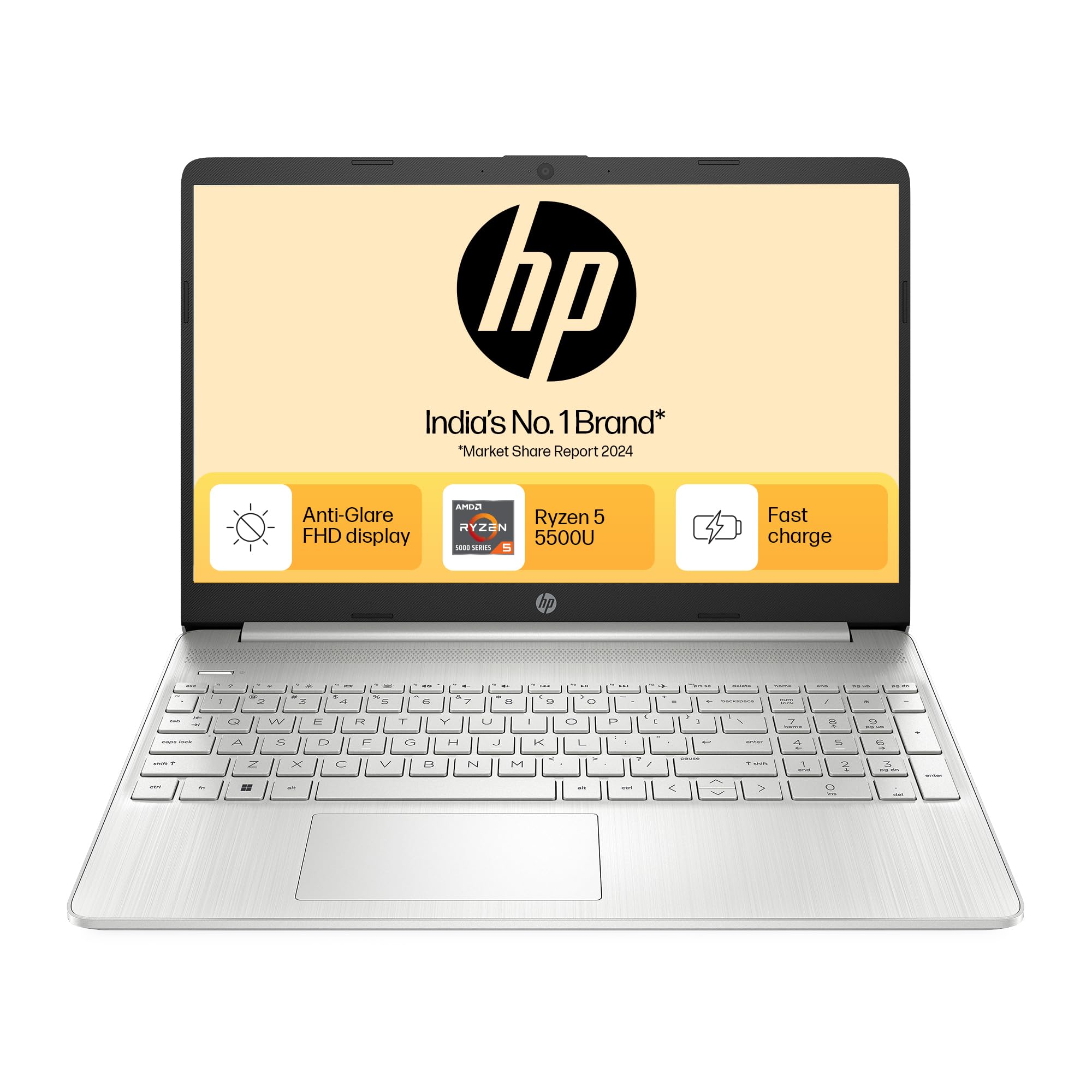 HP 15s, AMD Ryzen 5 5500U, 8GB DDR4, 512GB SSD, (Win 11, Office 21, Silver, 1.69kg), Anti-Glare, 15.6-inch(39.6cm), FHD Laptop, AMD Radeon Graphics, HD Camera, Dual Speakers, eq2144AU