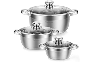 Velaze, Dylan, 6 Pezzi - Set di Pentole e Padelle, Batteria di Pentole Chef Casseruola in Acciaio Inox Cromato Adatto per Piastre a Induzione, Coperchio in Vetro, Pentole di Cottura e Forno Argento