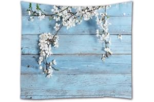 A.Monamour Tapices Flores Blancas En Azul Tablones De Madera Piso Textura De Madera Fotografía De Fondos Impresión Textil Tejido Tapiz Tapices De Pared Divisores del Dormitorio Colcha 180x230cm