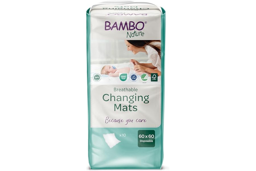 Bambo Nature Disposable Changing Mats, Size 60x60 cm, Pack of 10, Absorbency of 1000 ml, Disposable Changing Mat