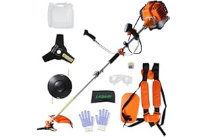 LADAMI Desbrozadora de gasolina de 52 cc de 2 tiempos, 2 en 1, multifunción, 3 CV, motor monocidinal con cuchilla de 3 dientes y bobina de hilo de nailon, potente y fiable para jardín y campo