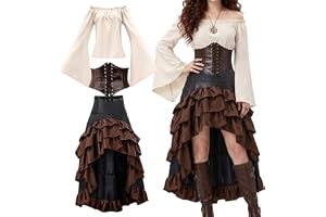 Zinueen Piratdräkt för kvinnor, medeltida klänning med korsett, topp, kjol, elastisk karnevalkostym för halloween, karneval