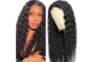 Creuost Glueless Perruque Naturelle Brésilien 4x1 Lace Frontal Wig Human Hair Deep Wave Brazilian Virgin Hair Unprocessed No Tangle 150% Density Natural Black For Women 14 Pouces