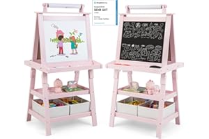 ‎COSTWAY COSTWAY 3 in 1 Kinder Staffelei, Kindertafel doppelseitig, Whiteboard & Kreidetafel & Zeichenpapier, Standtafel inkl. Magneten, 2 Regalebenen Holztafel mit 2 Aufbewahrungsboxen (Rosa)