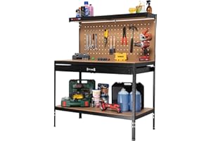 The Workplace Depot Workshop Tool Bench – Heavy-Duty Steel Frame & MDF Worktop, 230 kg Load Capacity, Roll-Out Drawer, Pegboard with Hooks & Shelves – Garage, Workshop & Industrial Use