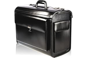 Tassia Black Bonded Leather Large Pilot Case - Cabin Case Luggage, Flight Case with Twin Gun Metal Combination Lock Pilot Bag Without Wheels