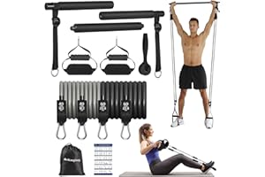 ALongSong Elastique Musculation Barre de Pilates avec Bandes de Résistance Élastique 180Lbs ou 140Lbs Ancrage de Porte pour Fitness Yoga Squat