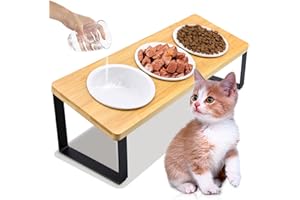 VZOXL Raised Cat Bowl, Cat Bowls with Stand Tilted 15°Anti Vomiting, Ceramic Cat Food and Water Bowl Set of 3,Height Adjustable Elevated Cat Bowl for Cats And Small Dog Easy to Assemble & Clean. (A)